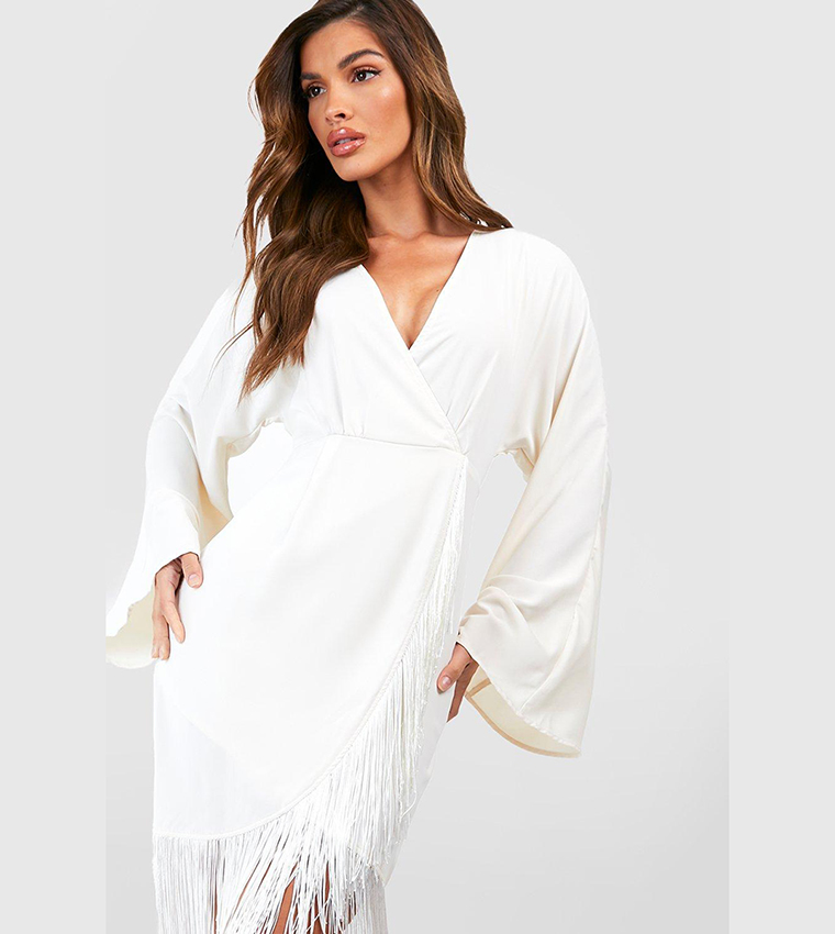 Buy Boohoo Tassel Hem Wrap Mini Dress In Cream | 6thStreet Kuwait