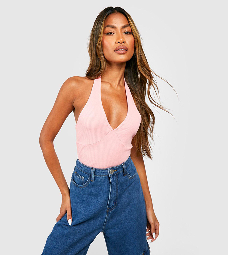 Boohoo Halter Neck Vests Basic Rib Strappy Halter Neck Vest Boohoo DK