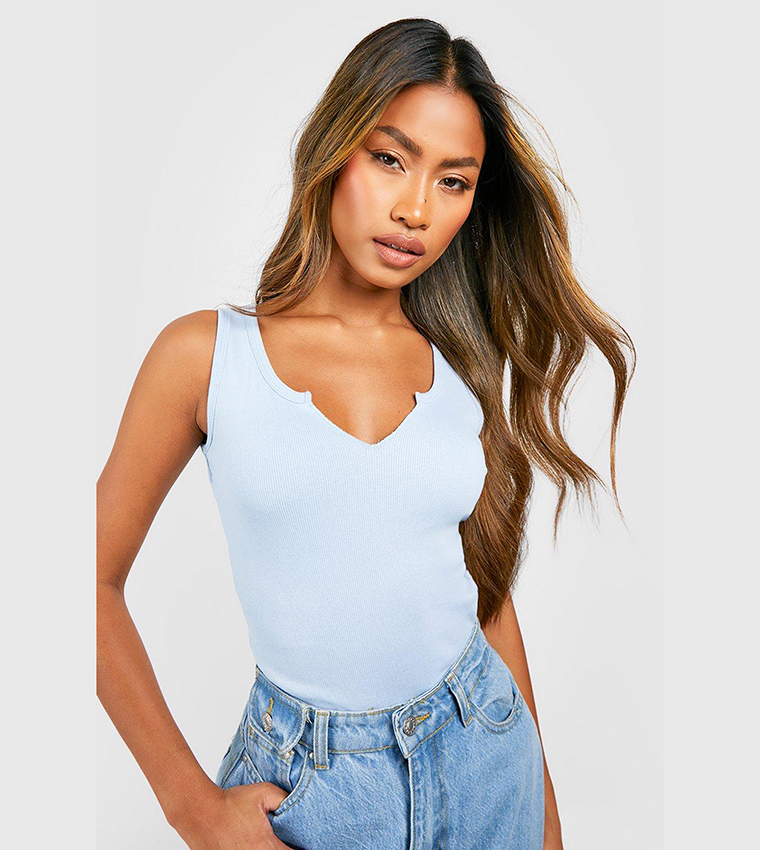 Buy Boohoo Notch Neck Sleeveless Bodysuit Top In Blue