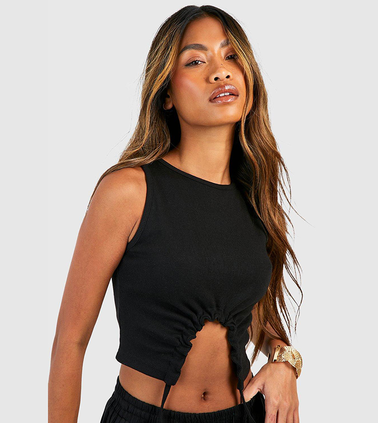 Buy Boohoo Ruched Ribbed Tank Top In Black