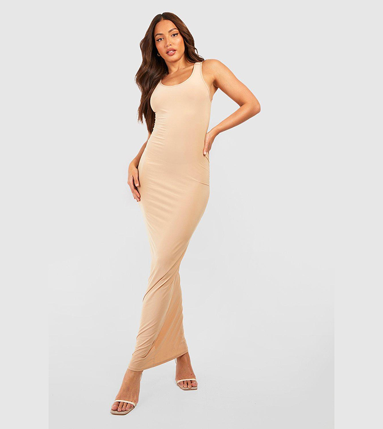 boohoo ribbed maxi dress Stone Basic Rib Notch Maxi Dress