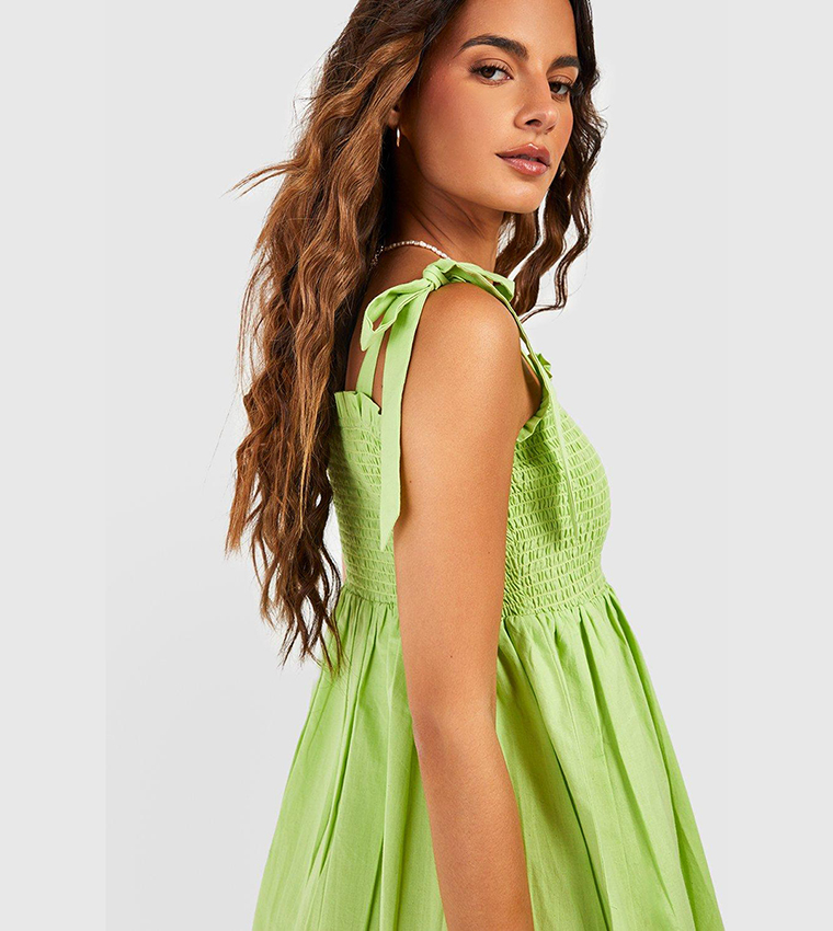 Buy Boohoo Tie Strap Shirred Mini Skater Dress In Lime | 6thstreet Oman