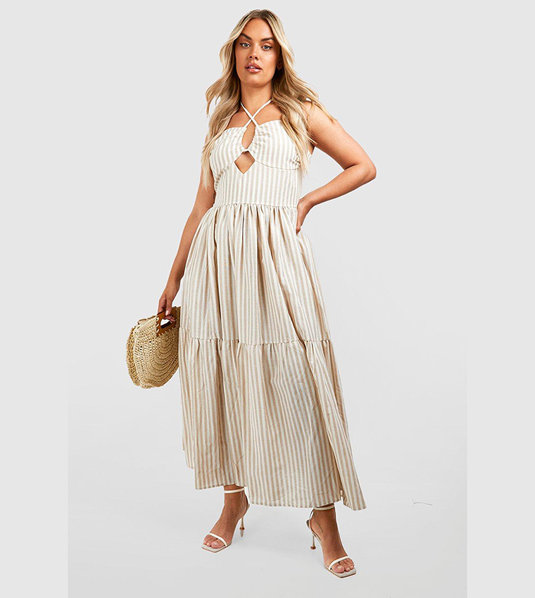 Woven Halter Neck Stripe Maxi Dress