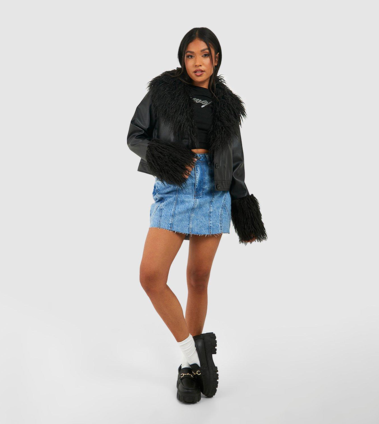 Black cropped on sale faux fur coat