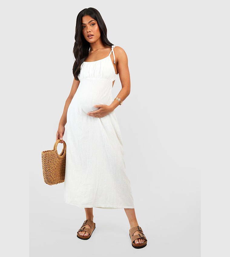 Buy Boohoo Maternity Linen Look Tie Strap Midaxi Dress In Cream