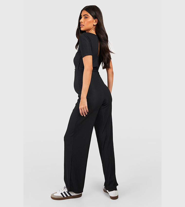 Buy Boohoo Maternity Short Sleeves Ribbed Tie Waist Jumpsuit In