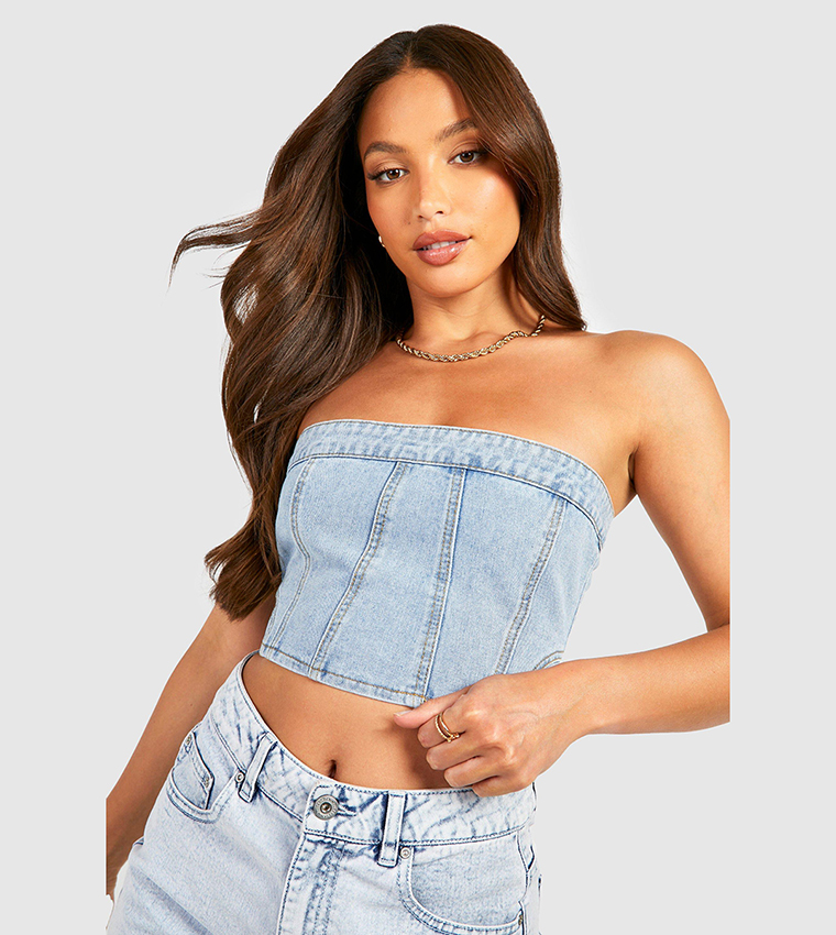 Tall Light Blue Wash Denim Corset Top, Tall