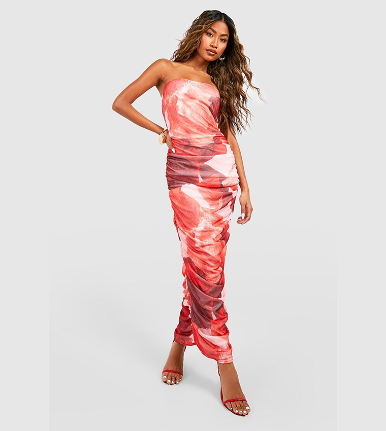 Buy Boohoo Abstract Floral Mesh Bandeau Maxi Dress In Red