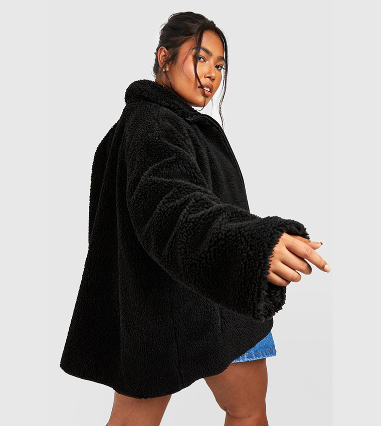 Buy Boohoo Zip Detail Faux Fur Teddy Jacket In Black