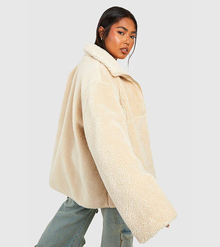 Buy Boohoo Zip Detail Faux Fur Teddy Jacket In STONE