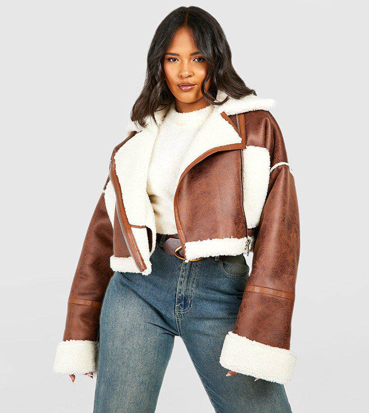 Buy Boohoo Teddy Trim Cropped Aviator Jacket In Brown 6thStreet Bahrain