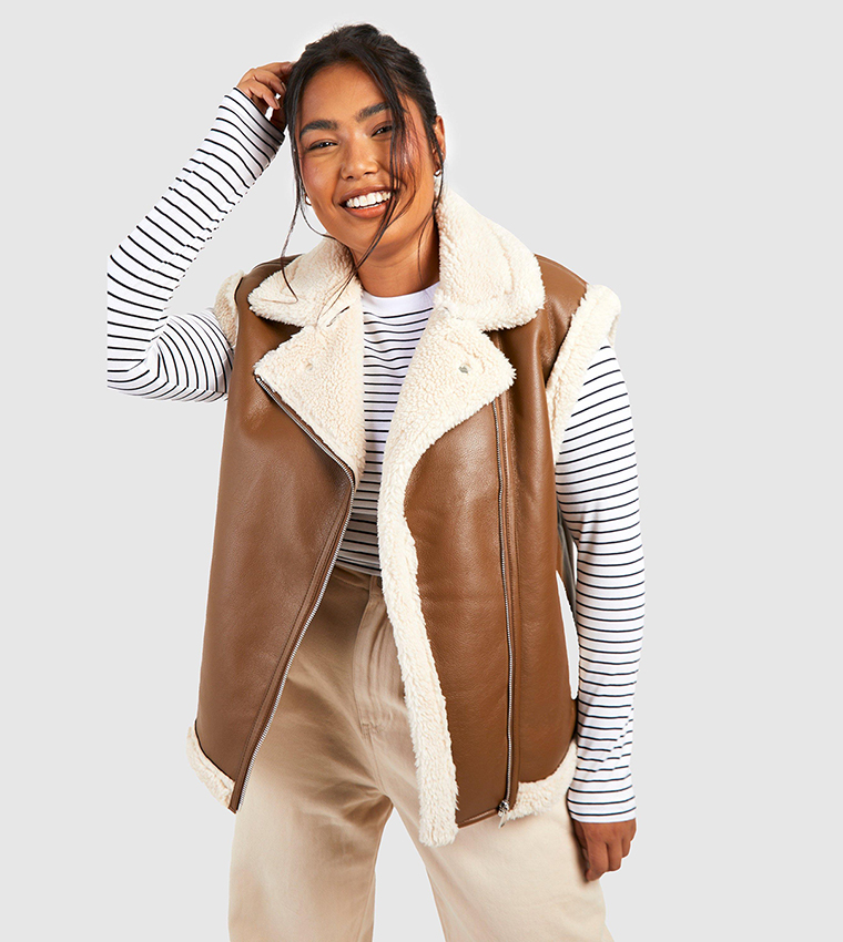Teddy Trim Faux Leather Gilet