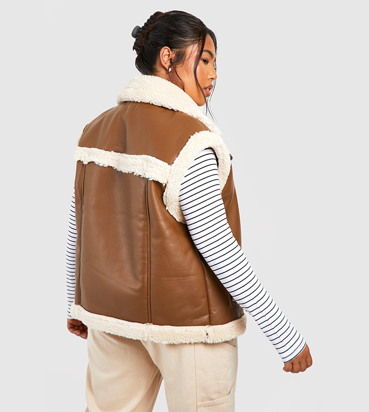Teddy Trim Faux Leather Gilet