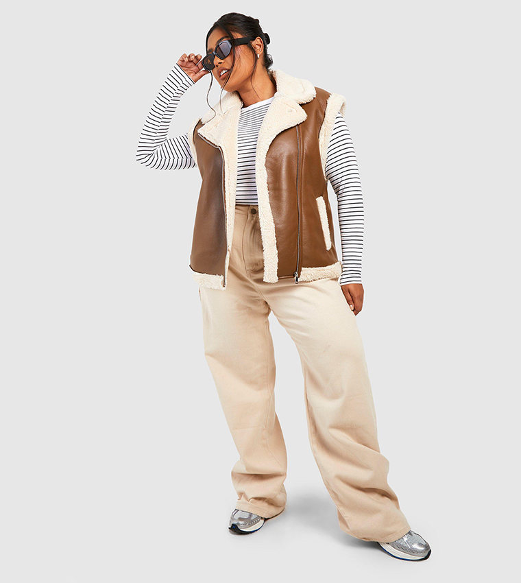 Teddy Trim Faux Leather Gilet