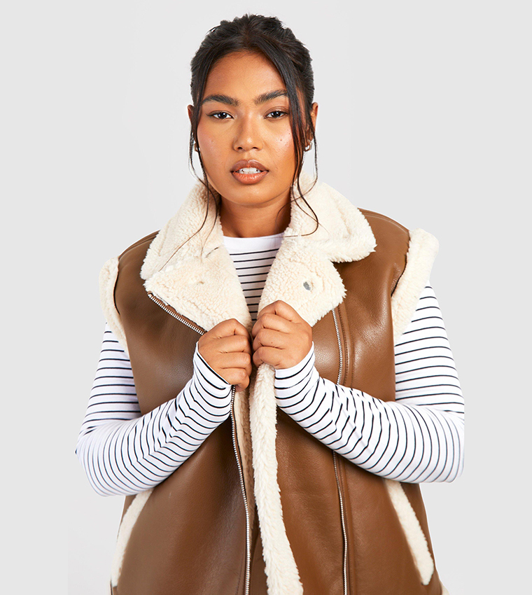 Teddy Trim Faux Leather Gilet