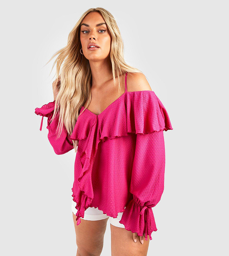 Buy Boohoo Textured Ruffle Front Cold Shoulder Top In Hot Pink