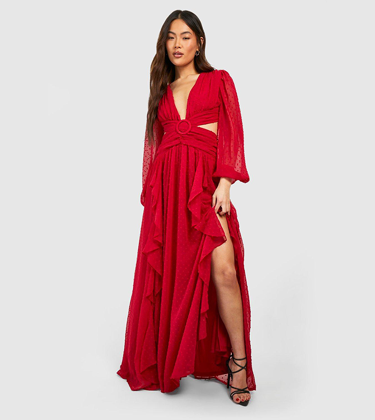 boohoo chiffon cut out maxi dress boohoo Women's Plus Textured Split Cut Out Maxi Dress in Black | Size: 18