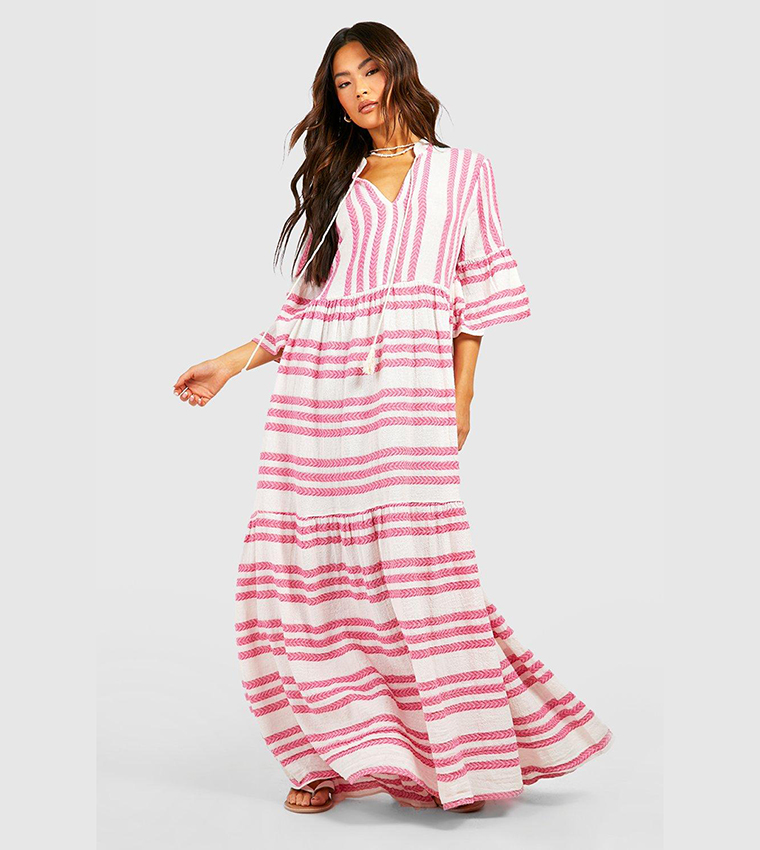 boohoo stripe maxi dress boohoo Women's Rib Knit Stripe Maxi Dress in Khaki | Size: Large