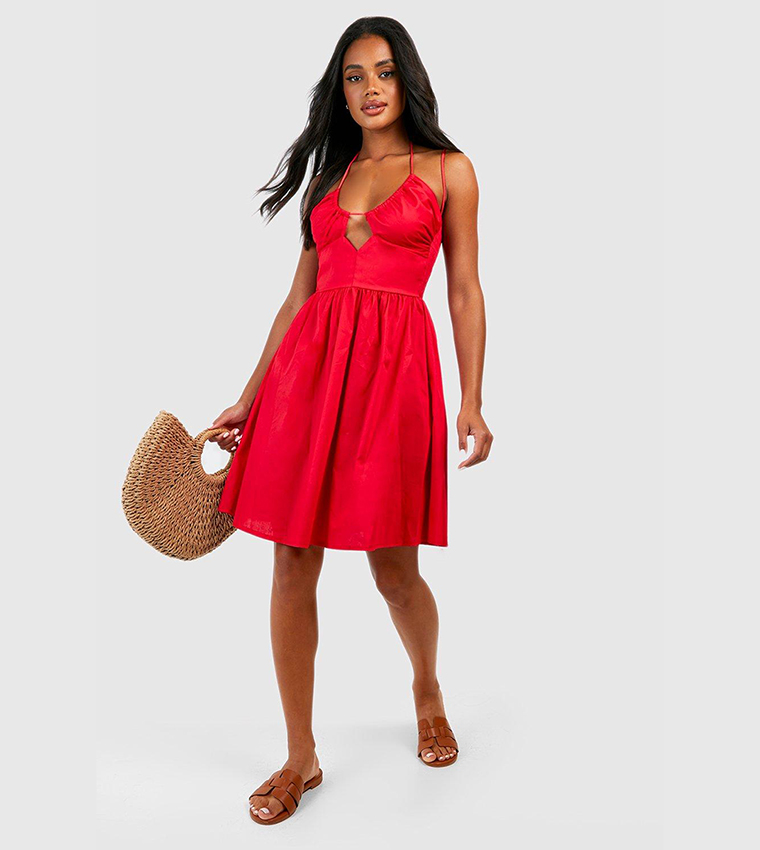 Buy Boohoo Cotton Poplin Ruffle Halter Skater Dress In Red | 6thstreet  Bahrain