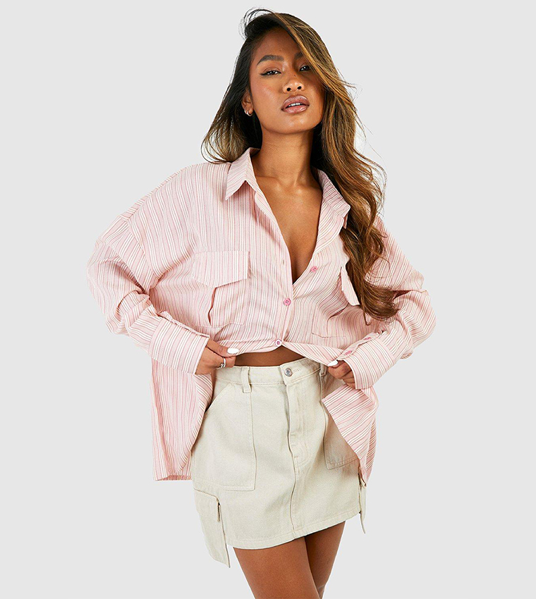 Pink denim hotsell button up skirt