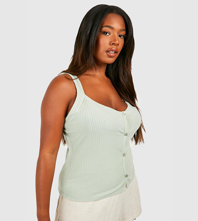 Buy Boohoo Rib Button Front Fitted Cami Top In Green