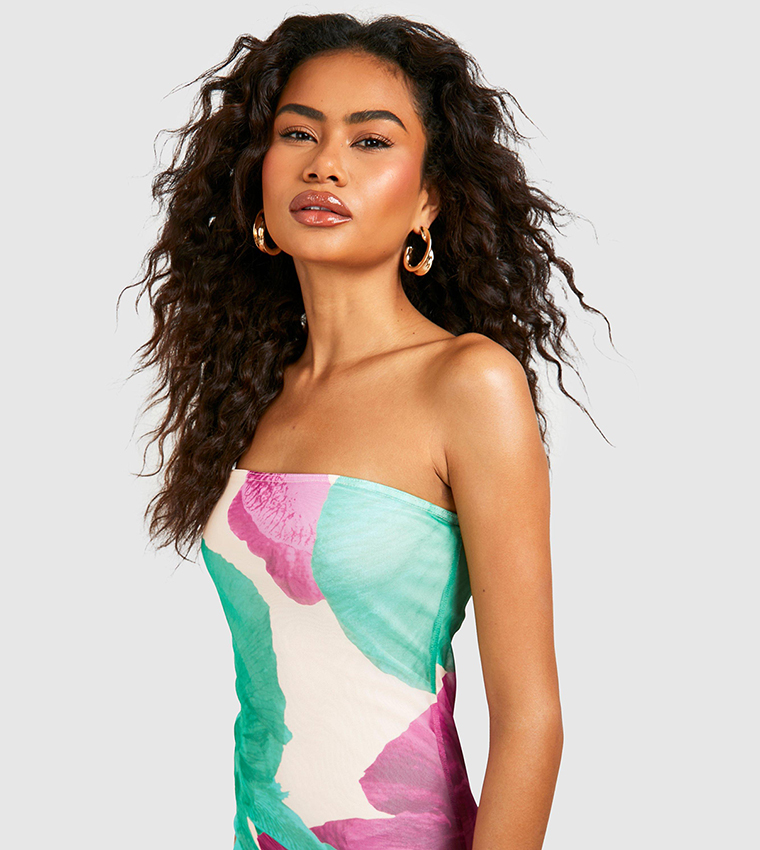 Buy Boohoo Abstract Floral Print Mesh Bandeau Dress In Multiple Colors
