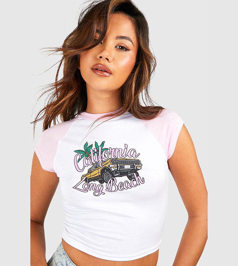 Buy Boohoo California Car Print Ringer Baby T Shirt In Pink
