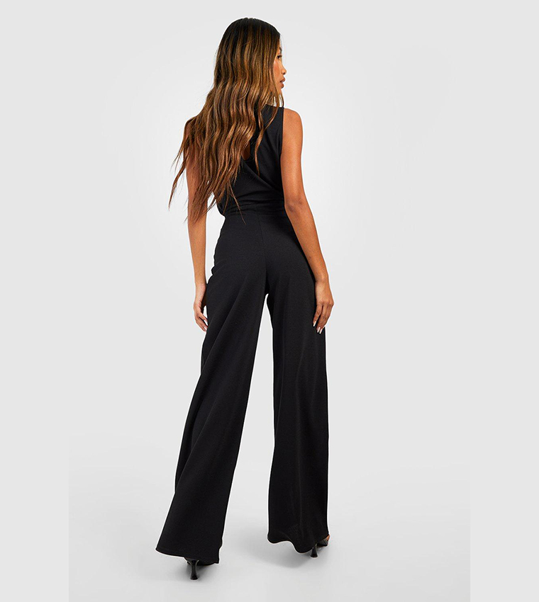 Crepe Sleeves Pleat Detail Tailored Wide Leg Jumpsuit