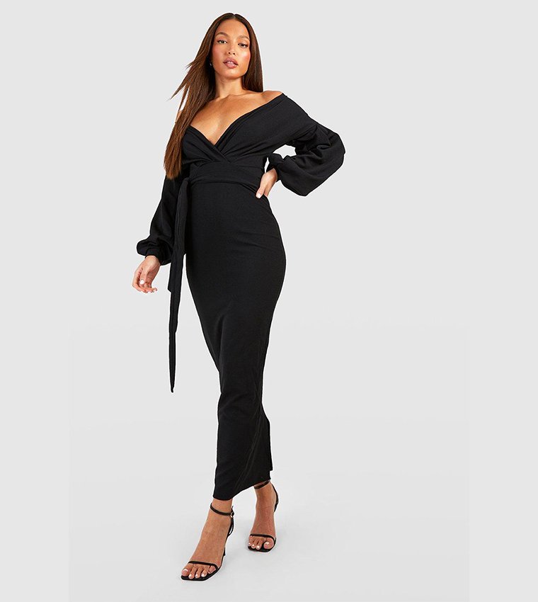 Black off the outlet shoulder wrap dress