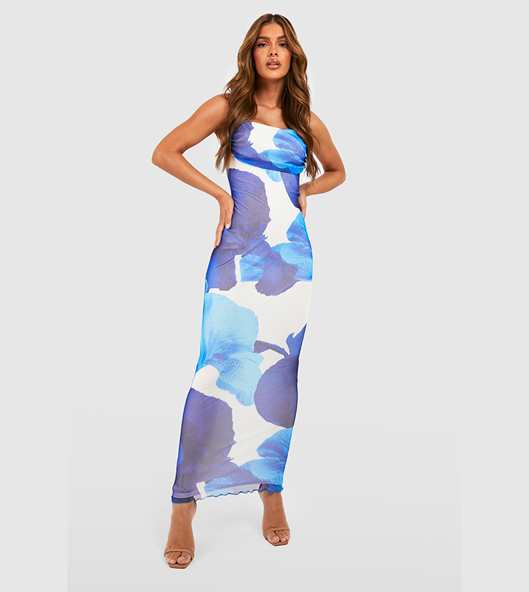 Abstract Floral Print Mesh Maxi Slip Dress