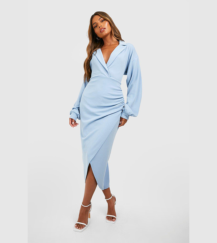 Buy Boohoo Crepe Volume Sleeves Wrap Front Midaxi Shirt Dress In