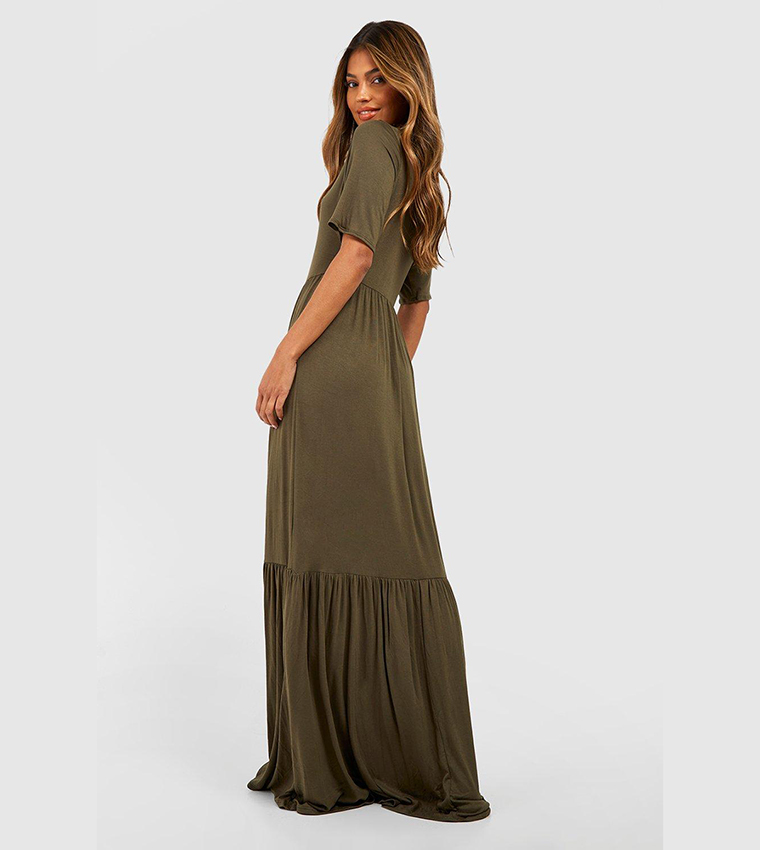 chinese dress ladies Shop Irresistible Khaki SS Button Front Tiered Maxi Dress