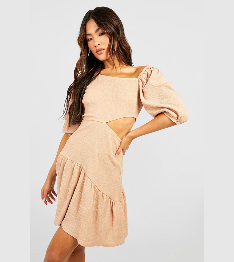 Buy Boohoo Textured Tiered Cut Out Smock Dress In Beige | 6thstreet Oman