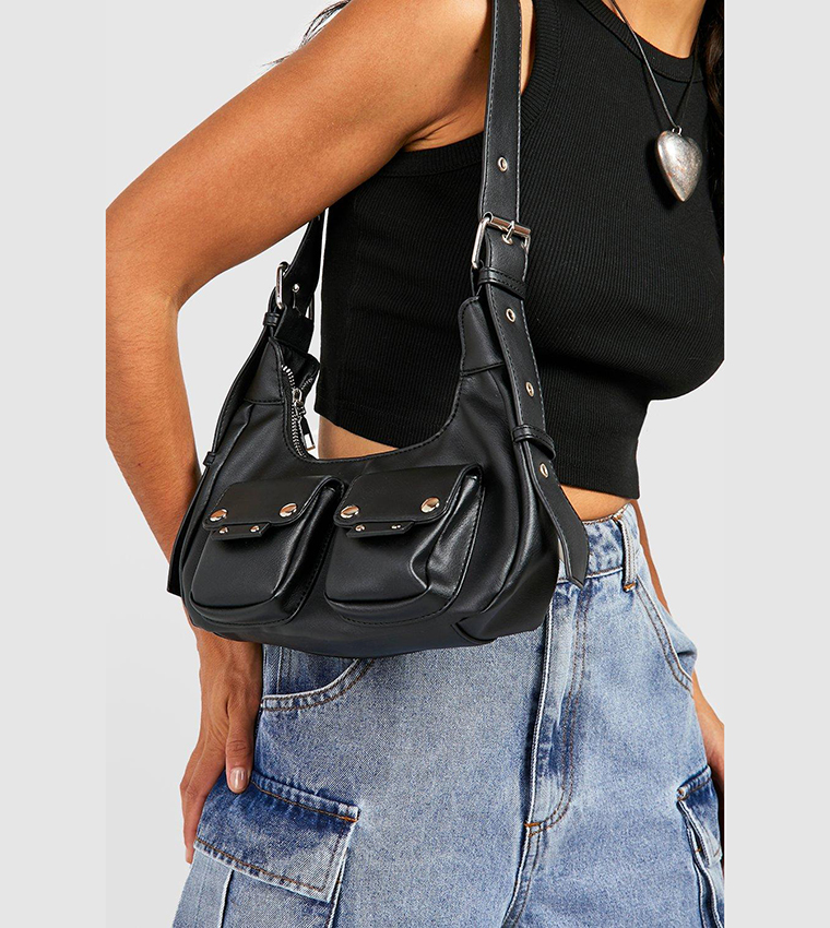 Double Pocket Stud Detail Shoulder Bag