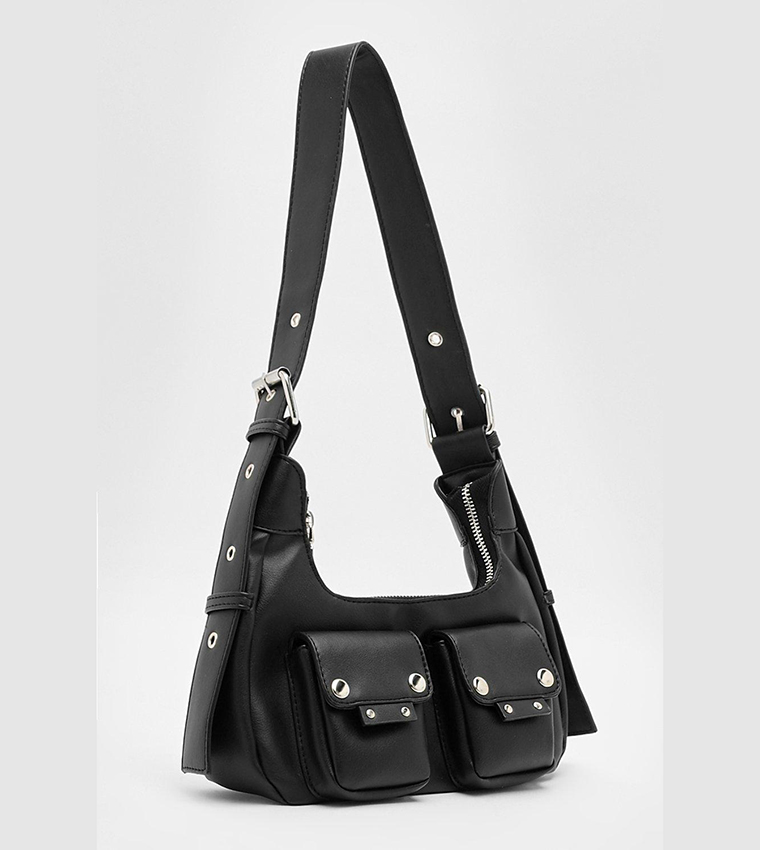 Double Pocket Stud Detail Shoulder Bag