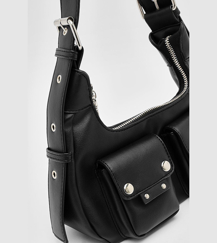 Double Pocket Stud Detail Shoulder Bag