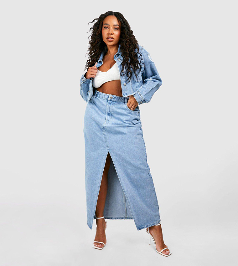 Buy Boohoo Split Front Denim Maxi Skirt In Blue 6thStreet Kuwait