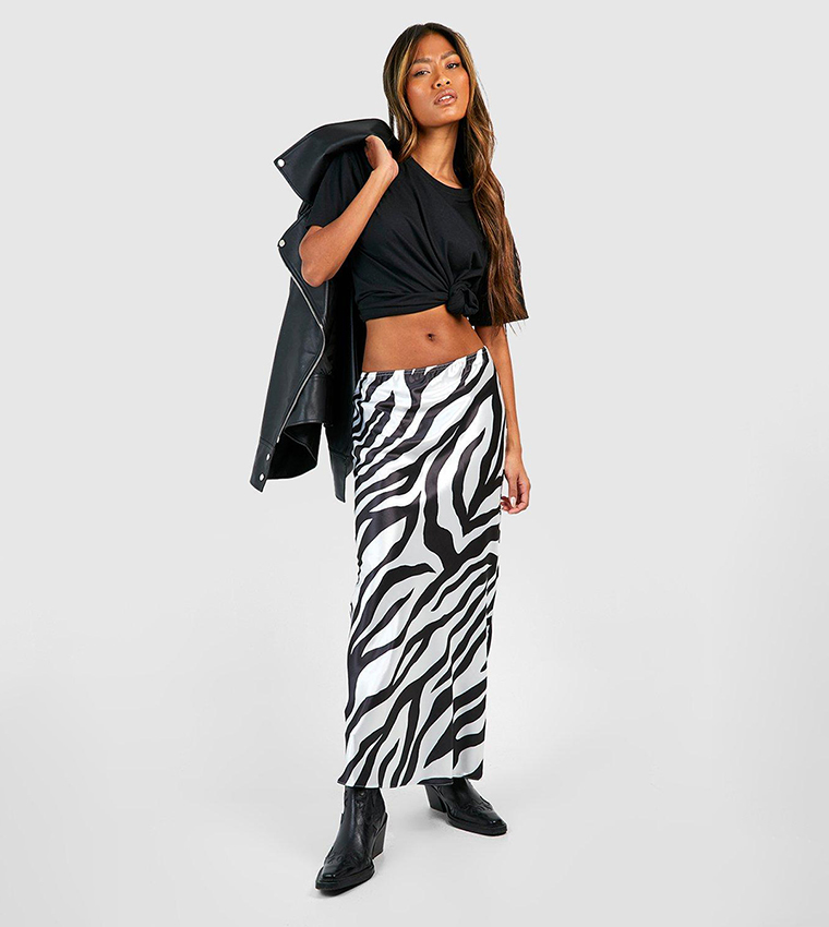 Buy Boohoo Zebra Print Satin Midaxi Skirt In White 6thStreet Oman