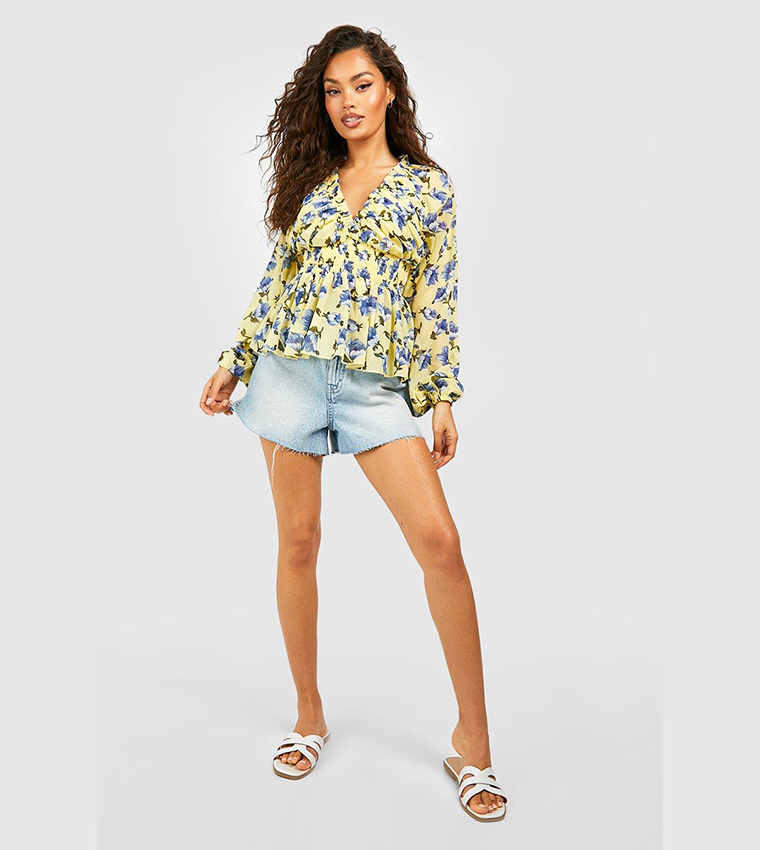 Buy Boohoo Floral Chiffon Shirred Top In Yellow 6thStreet UAE