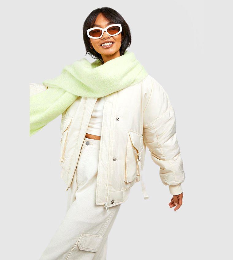 Buy Boohoo Pocket Detail Oversized Bomber Jacket In White