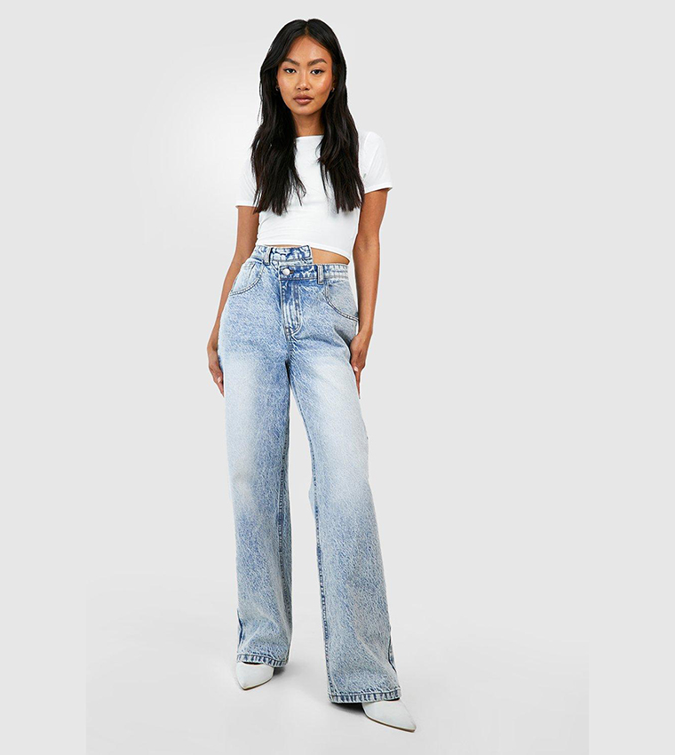 Buy Boohoo Asymmetric Waistband Acid Wash Straight Fit Jeans In