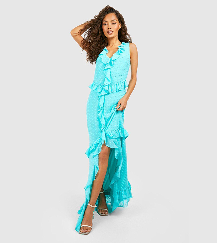 boohoo chiffon ruffle maxi dress Lemon boohoo Chiffon Ruffle Detail Maxi Dress