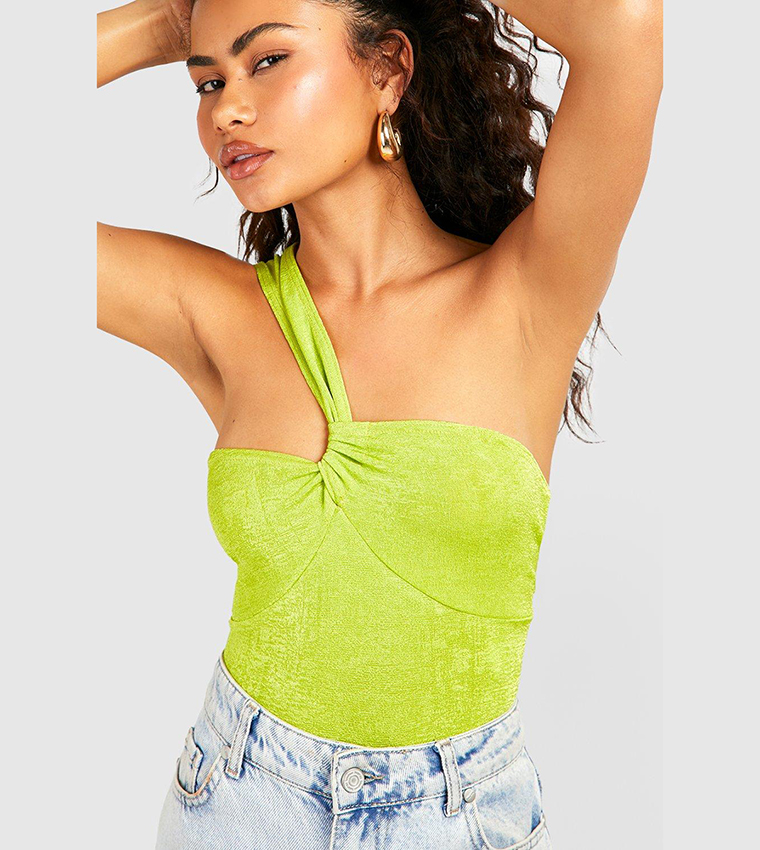 Lime Slinky One Shoulder Knot Front Bralette