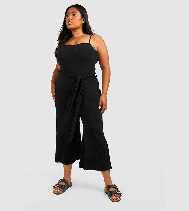 Buy Boohoo Rib Tie Belt Culotte Jumpsuit In Black 6thStreet UAE