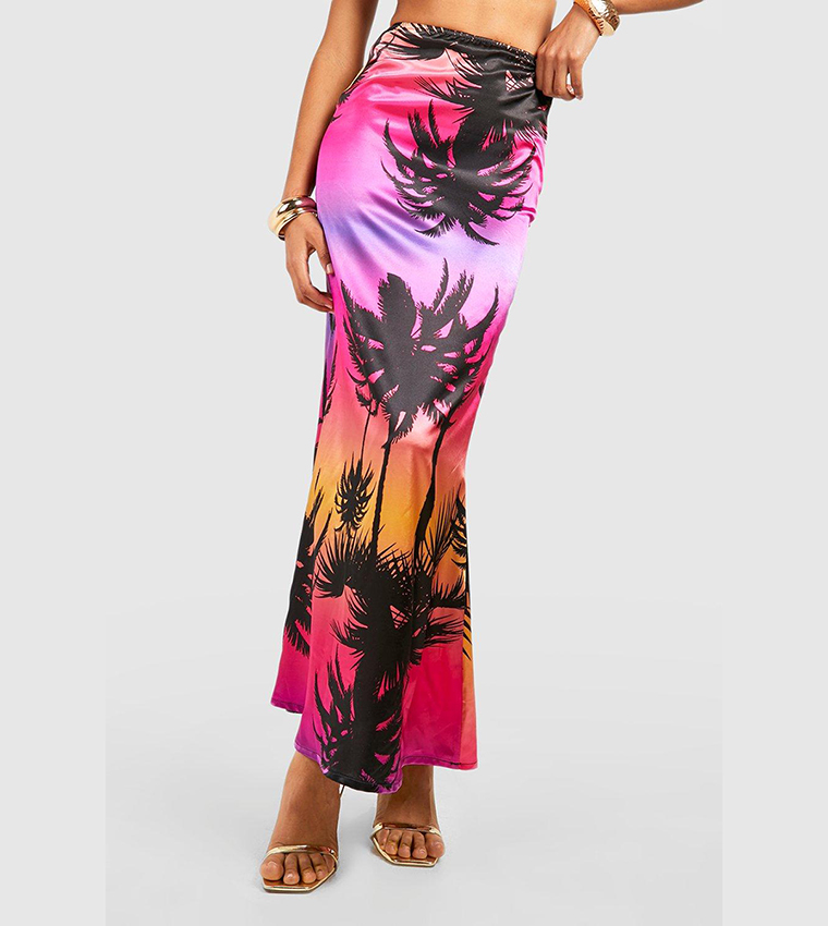 Buy Boohoo Palm Print Satin Slip Maxi Skirt In Purple 6thStreet