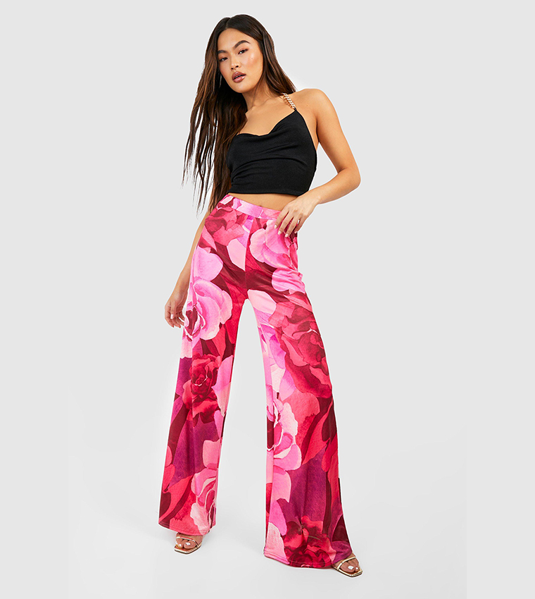 Pink Slinky Floral Print Palazzo Trousers