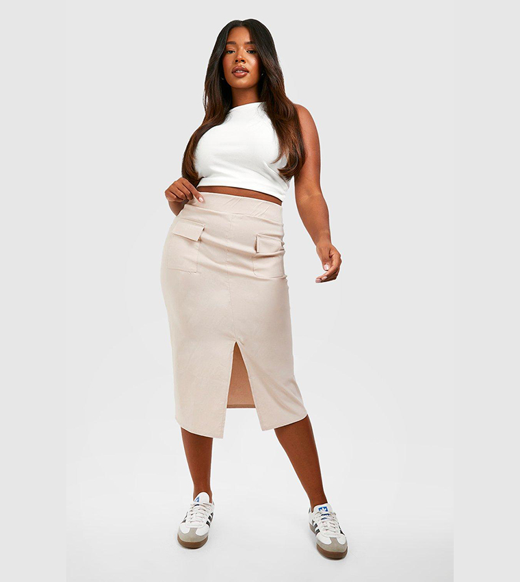 Buy Boohoo Pocket Detail Split Front Midi Skirt In Beige 6thStreet Qatar