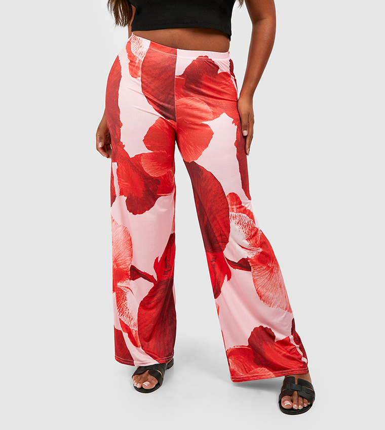 Floral Abstract Printed Slinky Wide Leg Trousers
