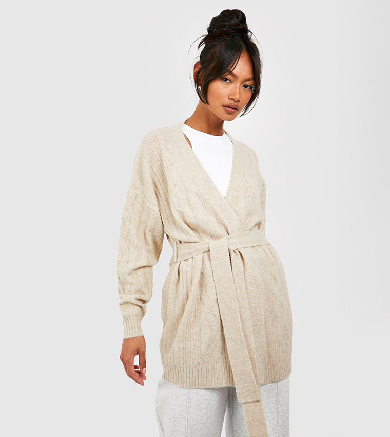 Buy Boohoo Soft Cable Knit Belted Cardigan In Beige