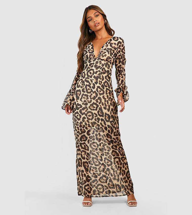 chinese dress ladies DMOYALA Oversized Dress for Women Lantern Long Sleeve Long Dress Casual V  Neck Cotton Maxi Dress Plus Size Lounge Shirt Dress with Pockets Brown Leopard  Printed Cotton Shirt Maxi Dresses S at main image 1